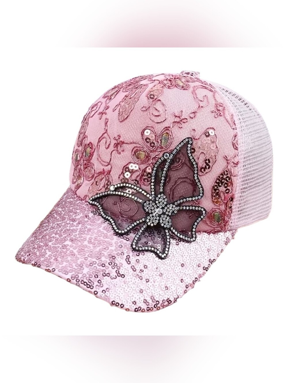 Embellished Pink Butterfly Sequin Trucker Hat - Women Accessories